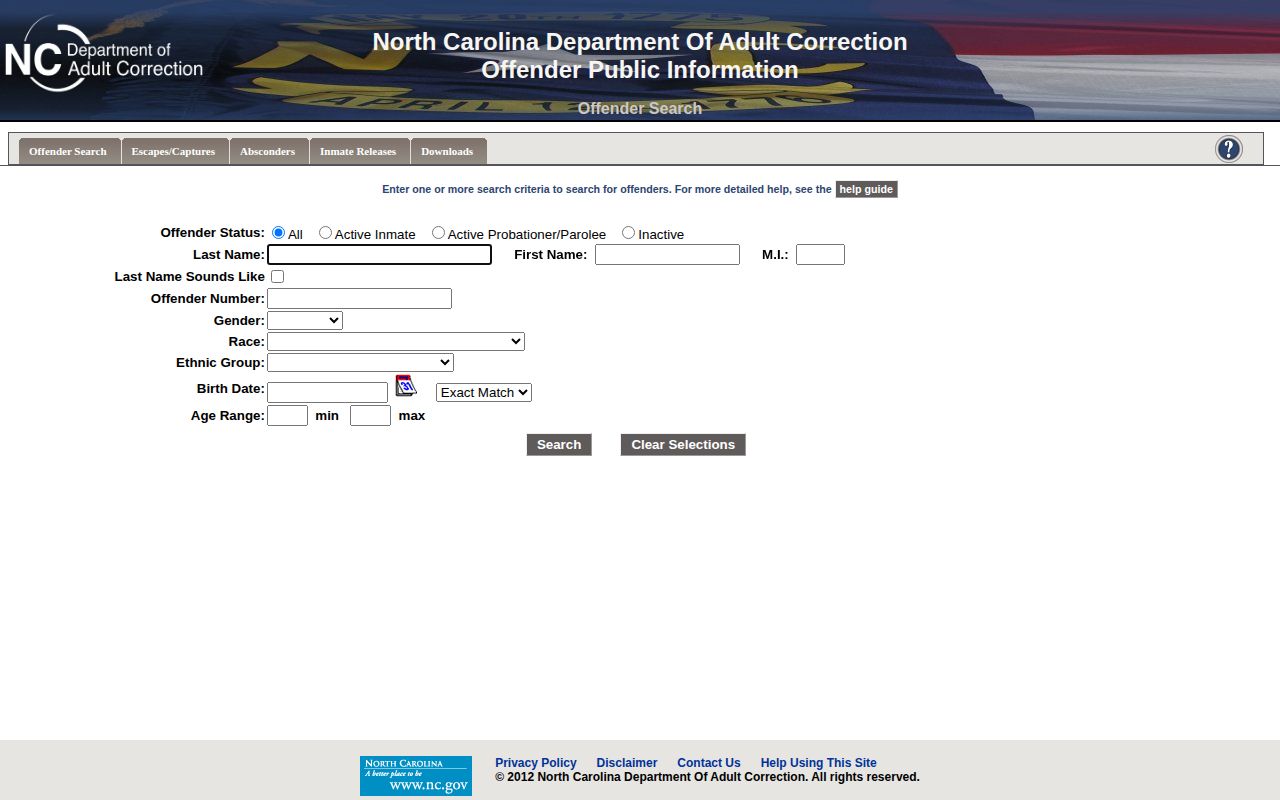North Carolina Department of Adult Correction offender search for state custody records