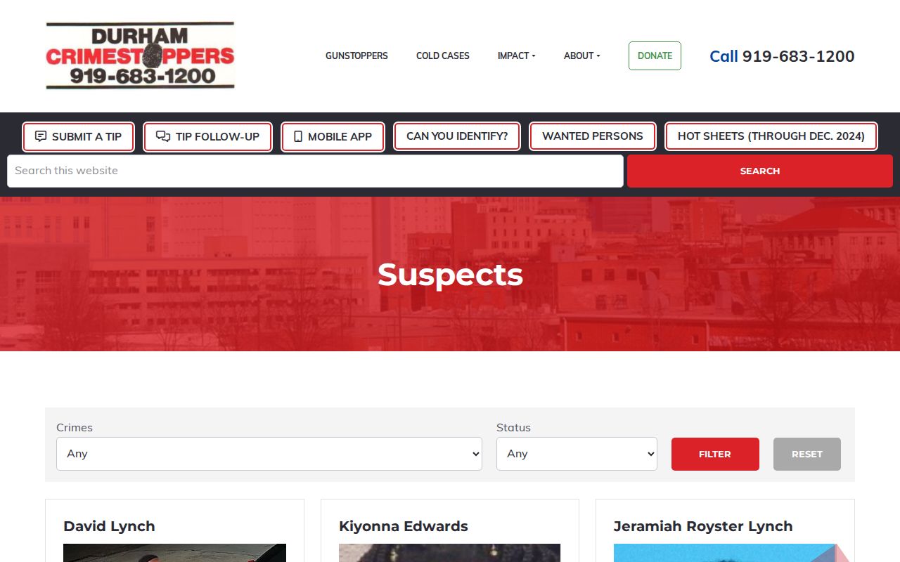 Durham County CrimeStoppers wanted-list interface and suspect cards